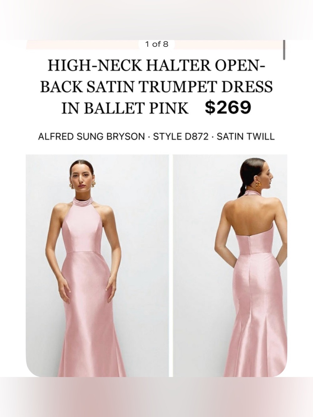 HIGH-NECK HALTER OPEN-BACK SATIN TRUMPET DRESS IN BALLET PINK USED CONDITION